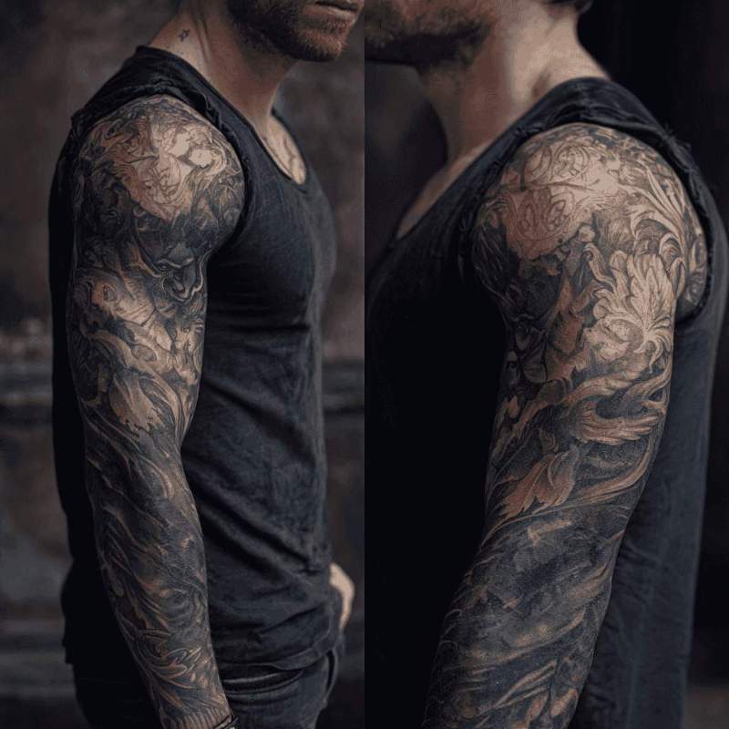 Artist's own black and grey sleeve, two angles